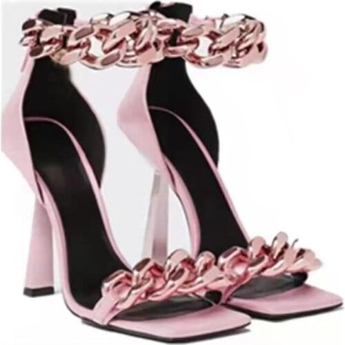 New Women Unique Thin High Heels Black Genuine Leather Square Toe Sandals Back Zip Open Toes Metal Chains Decor Runway Sandalias