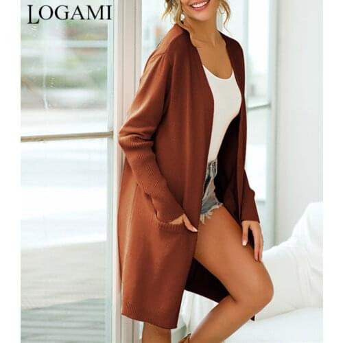 LOGAMI long cardigan women pocket sweaters fashion 2019 woman fall coat loose casual long sleeve cardigans