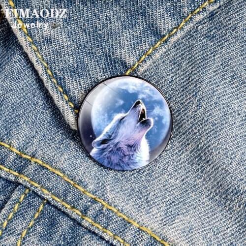 FIMAODZ Punk Wolf Moon Brooches for Men Fashion Wild Animal Glass Cabochon Lapel Pins Metal Cool Badge Gifts