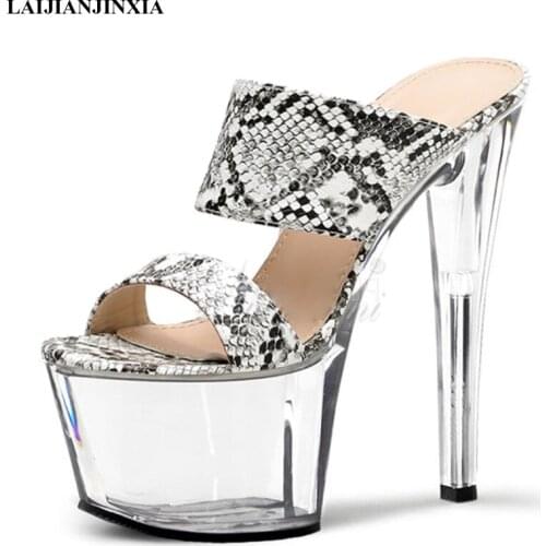 LAIJIANJINXIA New Ankle Strap Peep Toe Womens Slippers Platform Sexy Models Party Dress Big Size Elegant Fashion Crystal Shoes