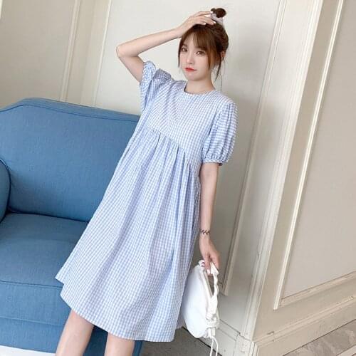 Pregnant Womens Summer Dresses Plaid Cotton Korean Round Collar Short Sleeve Maternity Dress Loose Pregnancy Clothes