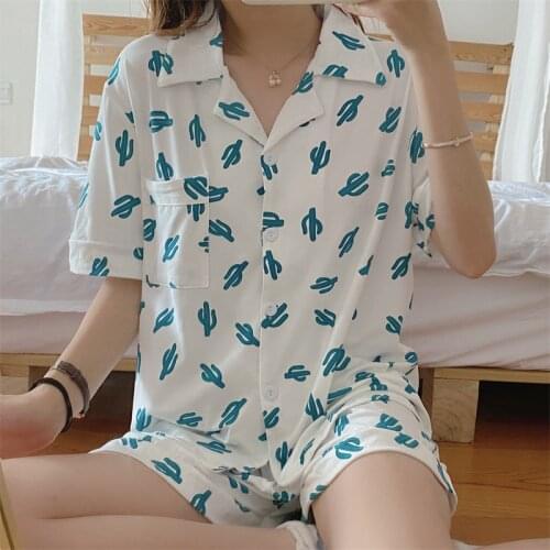 Summer Pajama Set Women cute Printing thin Pajamas Short Sleeve Leisure Girls Sleepwear Womens Nightwear Homewear Two-peice 2xl