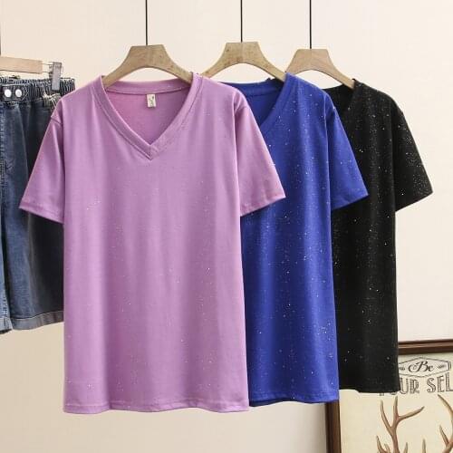 Summer T-Shirt Women Clothes Tees 2021 Casual Plus Size Tops Short Sleeve Diamond Shiny Cotton Camiseta Mujer B1-19085