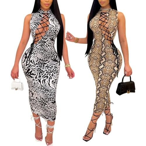 SUJYing 2021 Summer New Womens Hollow Out Dress Digital Printing Lace Up Sexy Nightclub Dress Party Girl