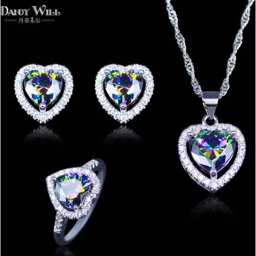 Trendy Ladies Silver Color Rainbow Crystal Stone Heart Pendant Necklace Earrings Rings Jewelry Sets Party Gift