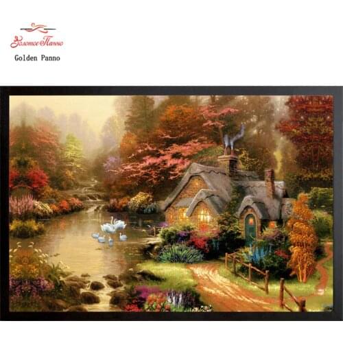 Golden Panno Needlework DIY DMC Cross stitch Sets For Embroidery kit Lakeside cottage landscape tree Counted Cross-Stitching 07