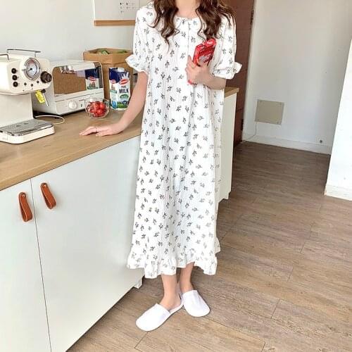 Ruffles short sleeve nightgown women soft print homewear loose korean chic nightdress crepe gauze cotton sleepwear dresses Y910