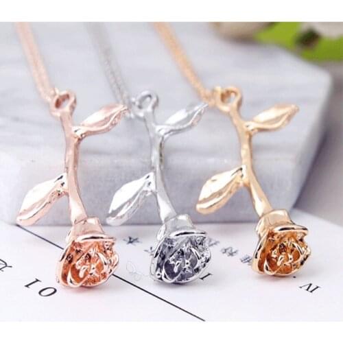 Necklace Fashion Jewelry Collier Pink Gold Rose Statement Pendant Necklace Womens Beauty and Beast Jewelry Lovers Gifts