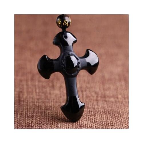 Natural Stone Obsidian Cross Amulet Pendant Necklace Hand Carved Pendant with Lucky Free Beads Chain For Women Men Jewelry