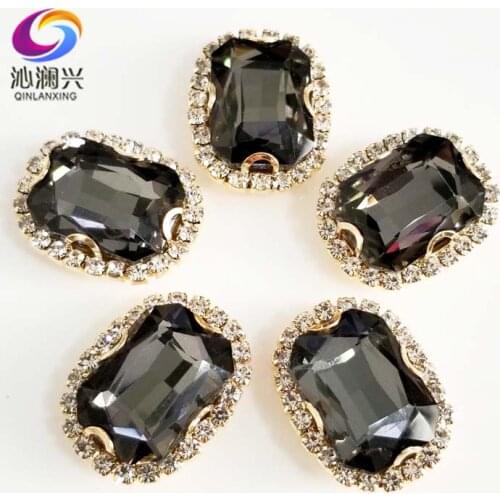 Gold bottom Rectangle shape Gray color top quality glass crystal buckle,sew on rhinestones for diy jewelry accessories SWCBG03