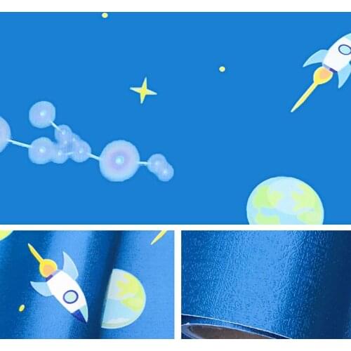 PVC vinyl self-adhesive wallpaper fantasy starry sky moon rocket cartoon living room bedroom childrens room sticker 10M