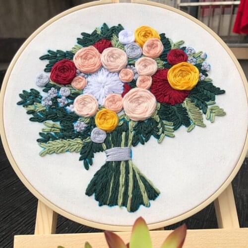 Embroidery Starter Kit with Plants & Flower Pattern Cross Stitch Set Stamped Embroidery Kits with Hoops Needlework For Beginner