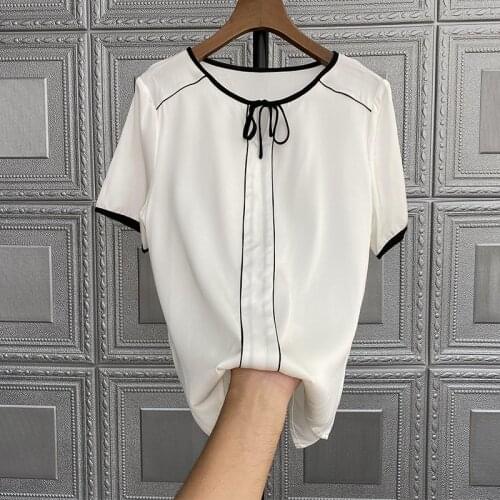 Mulberry Silk Top Shirt Women Summer Women white mulberry silk short-sleeved lace-up silk shirt