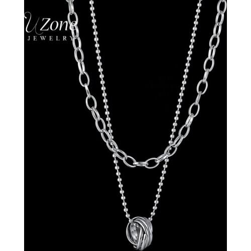 Uzone Punk Stainless Steel Round Pendant Necklace Double-layer Stainless Steel Beaded Chain Necklaces For Women Men Jewelry Gift