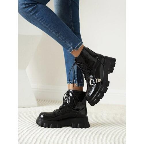 Bright Patent Leather Metal Belt Buckle Ankle Boots Platform With Platform Martin Boots Oversized Winter Womens Boots 2022