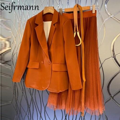 Seifrmann New 2021 Summer Women Fashion Designer Skirts Suits Long Sleeve Coat + High Waist Mesh Long Skirts 2 Two Pieces Suits