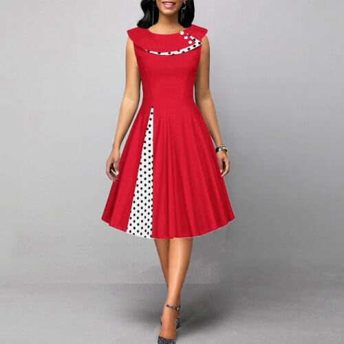 MISSJOY 2020 Plus size 3XL Women Vintage Retro long sleeves 1950s Cocktail Ploka Dot Printed Button Patchwork midi Party dress