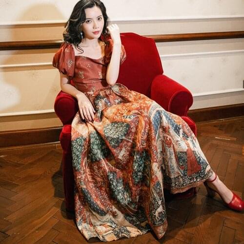 2021 Summer Womens Retro Palace Style High Waist Bandage Printed Dress Brick Red Square Collar Puff Sleeve Elegant Lady Dress