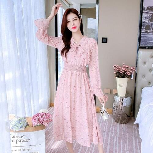 Women Dress Autumn 2021 Brief Office Lady Korea Style Fashion Long Sleeve Floral Print Chiffon High Waist V-Neck Dresses