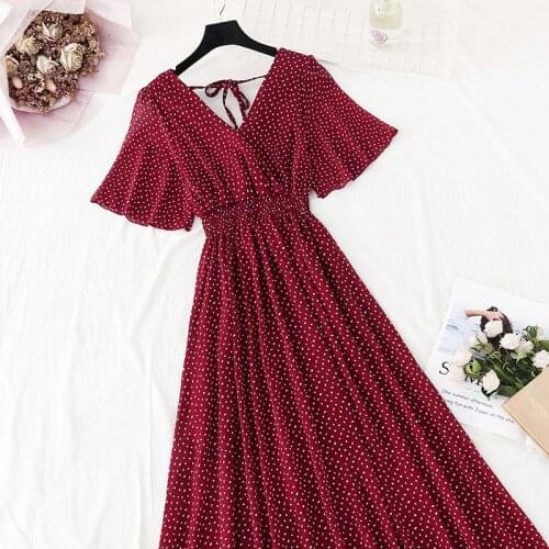 Summer Women Ruffled Short-sleeved Chiffon Dress V-neck High Waist Floral Print Beach Midi Dresses Backles Sexy Female Skirt New