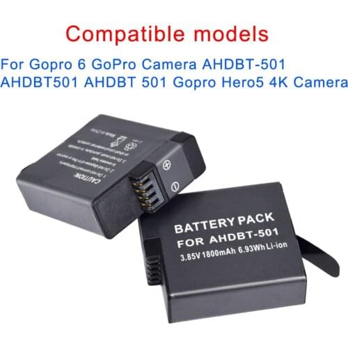 2pcs 1800mAh battery for GoPro Hero5 hero6 black battery for GoPro hero 5 6 Hero5 AHDBT 501 battery