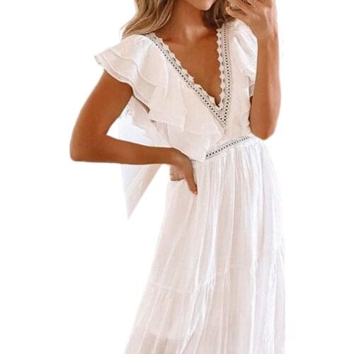 2021 Spring and Summer New Short-sleeved Dress White Lace V-neck Long Dress White Dress