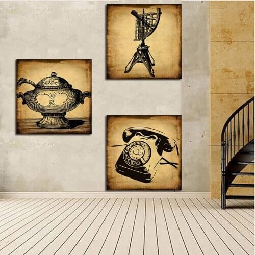 3Piece Vintage Telephone Radar Teapot Poster Print Retro Scandinavian Abstract Canvas Painting Wall Picture For Living Room