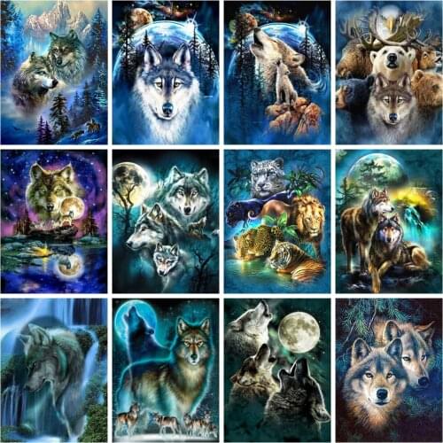 Huacan Diamond Painting Wolf 5d Diy Mosaic Animal Rhinestone Pictures Embroidery Moon Scenery Home Decor