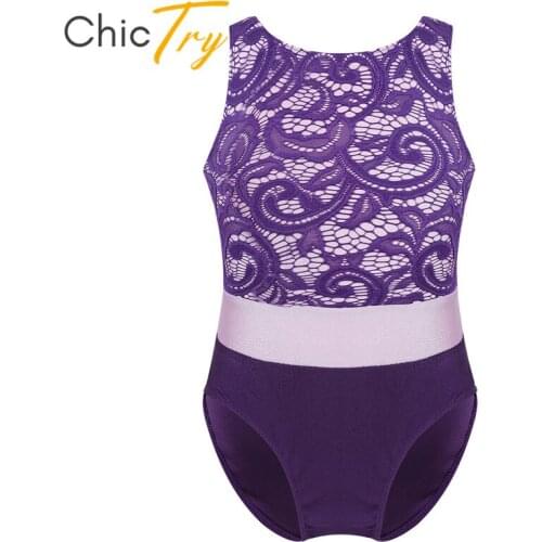ChicTry Kids Teens Sleeveless Lace Color Block Bodysuit Dancewear Children Gymnastics Leotards Girls Tutu Ballet Dance Costume