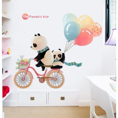 Large Cute Pandas Trip Kids Wall Sticker for Living Room Home Decor Baby Room Wall Decoration Vinyl Animals Art Mural Wallpaper