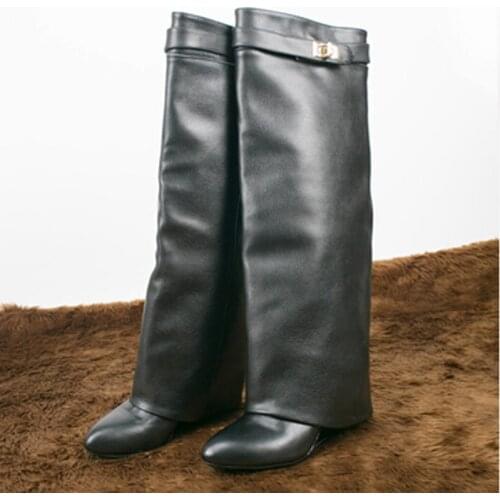 Bota feminina platform shoes Lock Fold Over Wedge Boots For Women thigh high snow rain boots balck red height increasing shoe