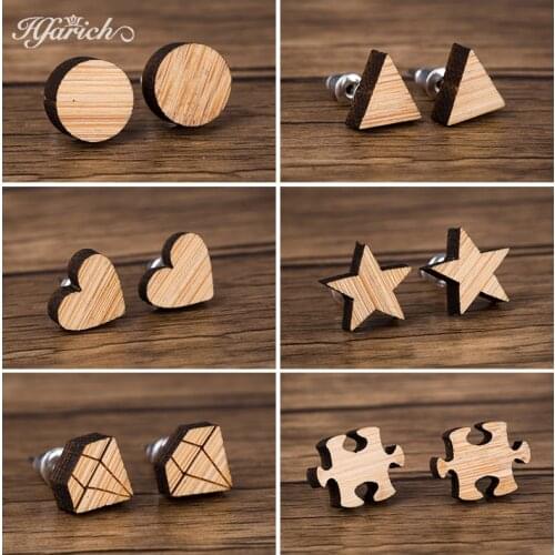 Hfarich Japanese Style Wood Star Diomand Earrings For Women Girls Triangle Small Round Geometric Stud Earring Jewelry Gift 2019