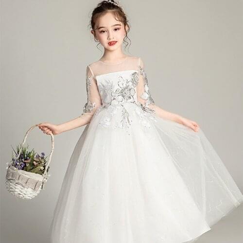 Children Dress Middle Big Children Wedding Dress Princess Dress Middle Sleeve Children Performance Dress Host Show Dress