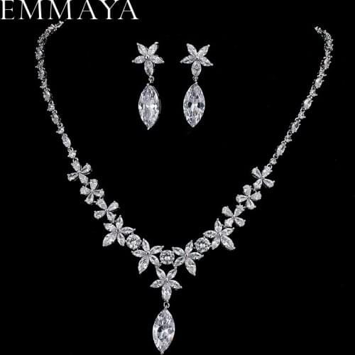 EMMAYA Women Cz Crystal Flowers Jewelry Set Fashion Rhinestone Pendant Necklace Drop Earrings Wedding Jewelry Set
