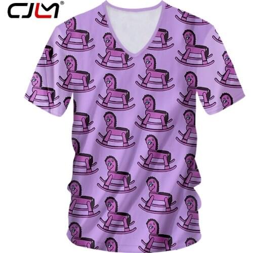 CJLM Hot Sale Mens V Neck Tshirt Wholesale 3D Full Printed Tee Shirt Purple Wooden Horse Geometric Arrangement Man T-shirt