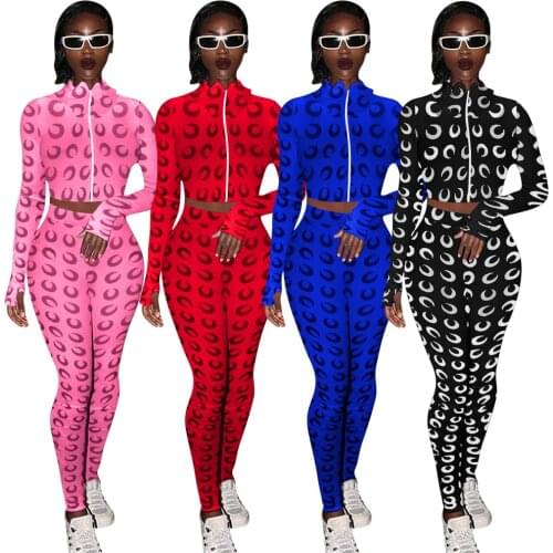 Echoine Women Active Wear Print Set Long Sleeve Zipper Tops Jogger Pants Suit Tracksuit Sport Two Piece Set club Fitness Outfit
