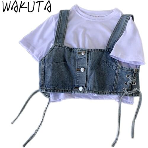 WAKUTA Summer Fashion Top 2 Piece Set Women Korean Design Cropped Bandage Demin Camis and White Short Sleeve Tshirt Causal Suits