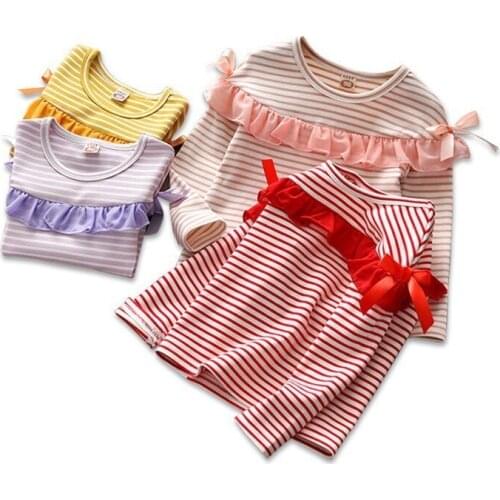 New Spring Autumn Baby Girls T Shirts Fashion Striped Bow Ruffle T-Shirt Long Sleeve Tops Kids Clothes Girl Tees 2 3 4 5 6 Years