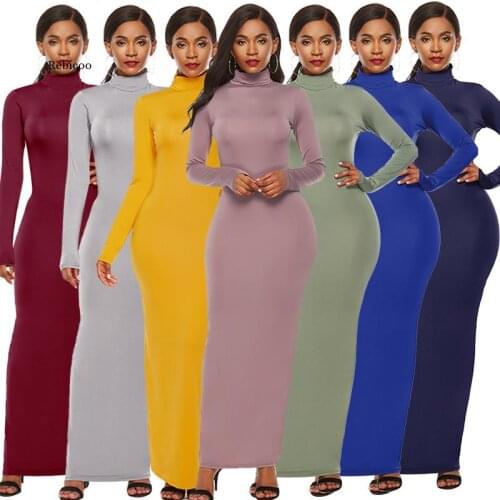 Autumn Women Solid Casual All-Match Slim Package Hip Maxi Dress Long Sleeve Sexy Turtleneck Stretchy Long Dress Plus Size