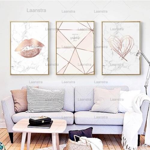 Canvas Painting Poster Me&you Love Wall Art Picture Pink Gold Lip Green Plant Abstract Lines Art Mural for Bedroom Home Decor