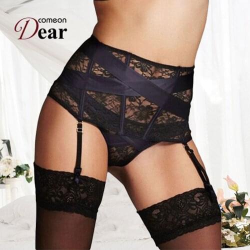Comeondear Floral Lace Sexy Garter Belt Sets Sexy Lingerie Womens Sexy Panties Black Transparent PB5080 Plus Size Garter Belt