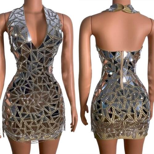 Luxury Rhinestones Sparkly Mirror V-collar Backless Dress Women Birthday Prom Evening Party Singer Host Models Catwalk Costume