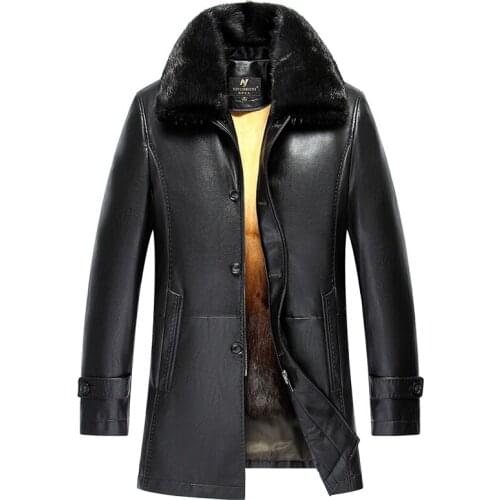 Luxury Warm Winter Mens Genuine Leather Jackets and Coats Long Coat Rabbit Fur Inside Mink Fur Collar Winter jaqueta de couro