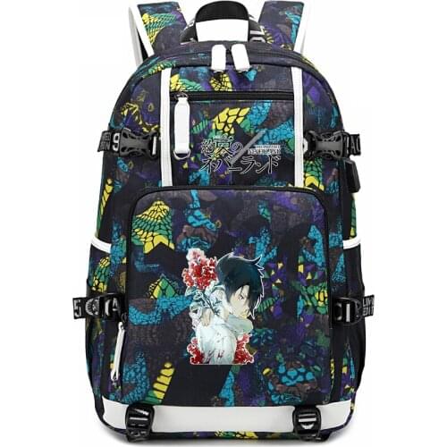 The Promised Neverland Anime School Bags Large Women Travel Back Pack Cartoon Waterproof Bookbag USB Charging Laptop Backpack