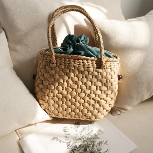 Handmade Straw Handbags, Womens Handbags, Casual Woven Corn Stalk Tote Bags, Girls Travel and Vacation, Straw Check Bags