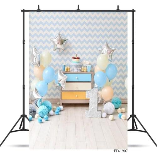 Blue Stripe Wall Balloon Wood Board Floor Vinyl Photography Background For Children Birthday Portrait Studio Photo Backdrop Prop