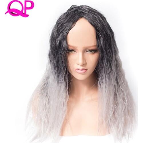 Qp Hair Afro Kinky Straight High Temperature Fiber African American Medium Length Wigs Blacke Ombre Sliver Grey Cospaly Wig