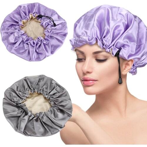 Women Satin Night Sleep Cap Hair Color Bonnet Hat Silk Head Cover Wide Elastic Band Drawstring Double Layer Styling Accessories
