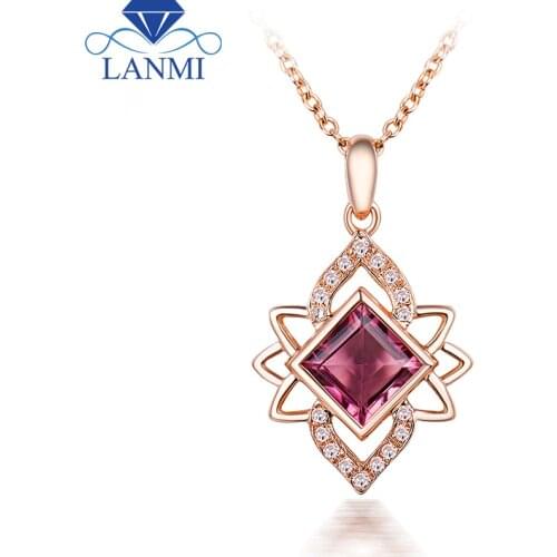 LANMI Women Pendants Natural Pink Tourmaline Diamond Pendant Necklace Real 14K Rose Gold Pendant For Girlfriend Jewelry Gift