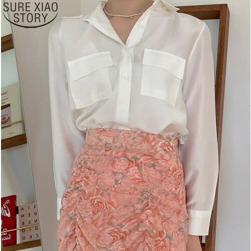 2021 Autumn New Fashion Pocket Turn Down Collar Shirt Long Sleeve Top Women Blouses White Pink Button Up Shirt Blusas 16560